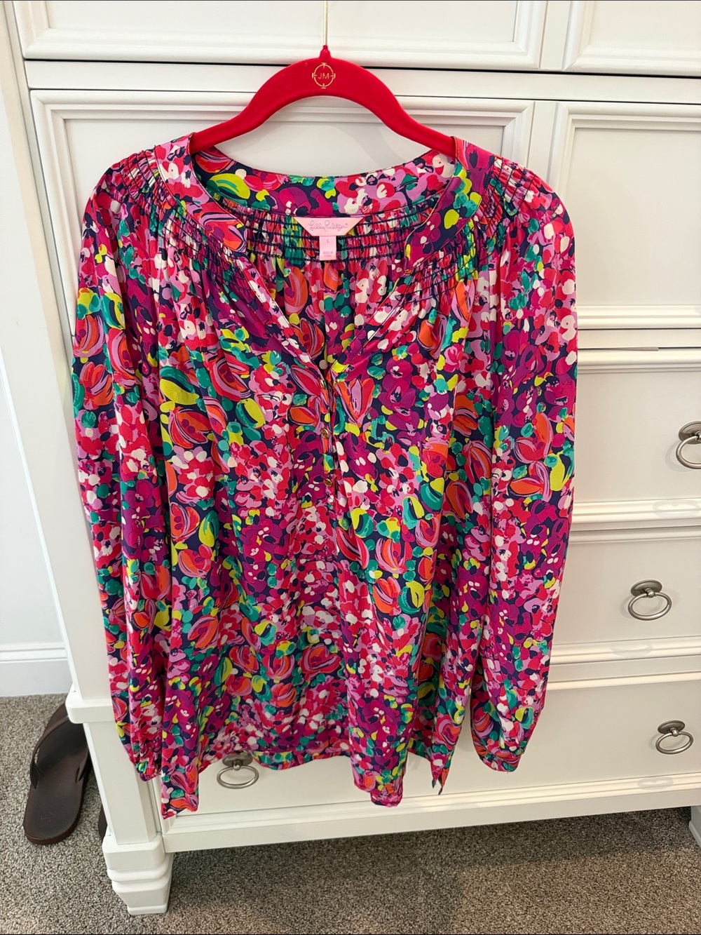 Bright Floral Pink Long-Sleeve Peasant Blouse Silk by Lilly Pulitzer